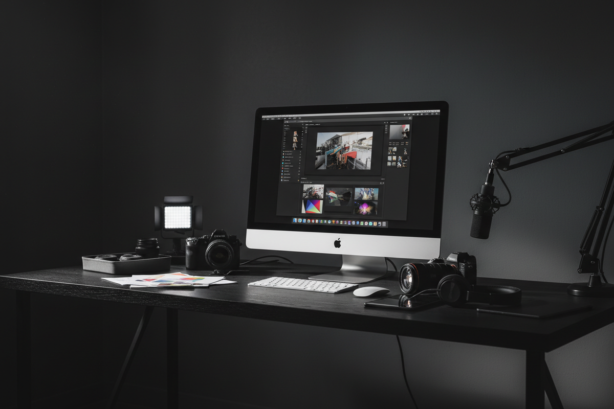 iMac sur un bureau design, fond sombre, ambiance studio créatif, lumière directionnelle, accessoires photo ou vidéo autour pour évoquer la productivité pro.