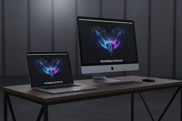 Photo premium d’un MacBook Pro et d’un iMac posés sur un bureau minimaliste sombre, éclairage studio doux, ambiance haut de gamme, teintes métal et noir, profondeur de champ marquée, style Apple luxueux.