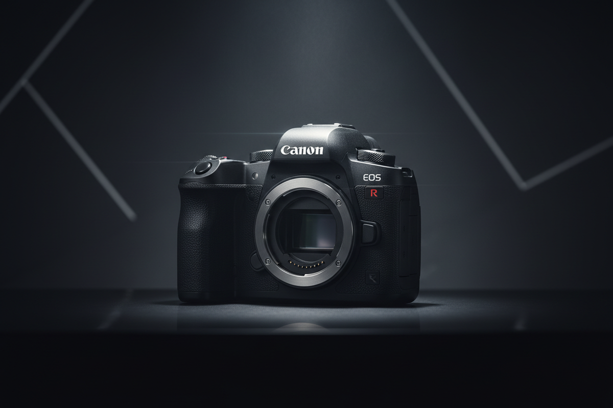 Boîtier photo professionnel posé sur une surface sombre, lumière dramatique, ambiance studio, reflets métalliques, style ultra premium.