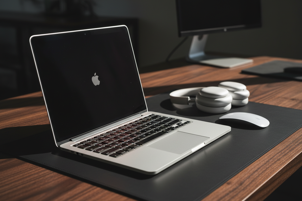 MacBook Pro ouvert, éclairage latéral contrasté, atmosphère professionnelle, bureau bois foncé + accessoires premium, style très Apple, rendu net et technique.